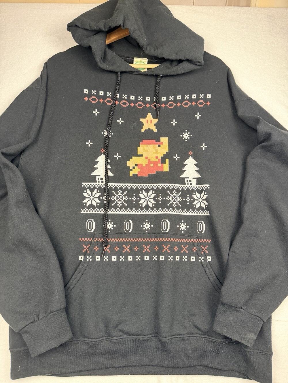 Nintendo Super Mario Hoodie Men’s L Black Pixel Ugly Christmas Sweater Holiday